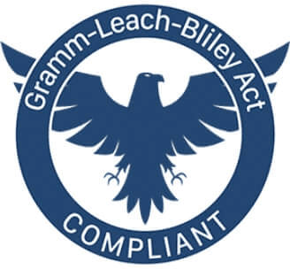 A circular emblem with a stylized eagle in the center, surrounded by the text "Gramm-Leach-Bliley Act COMPLIANT."