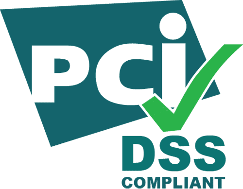 A PCI DSS compliance badge with a green checkmark, indicating adherence to security standards for payment card data.