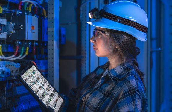 Female engineer in a hard hat and safety glasses inspects an electrical panel with a tablet in a dark industrial setting.