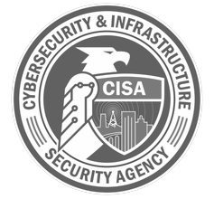 A circular emblem featuring a hammer, circuit lines, and cityscape with the text "Cybersecurity & Infrastructure Security