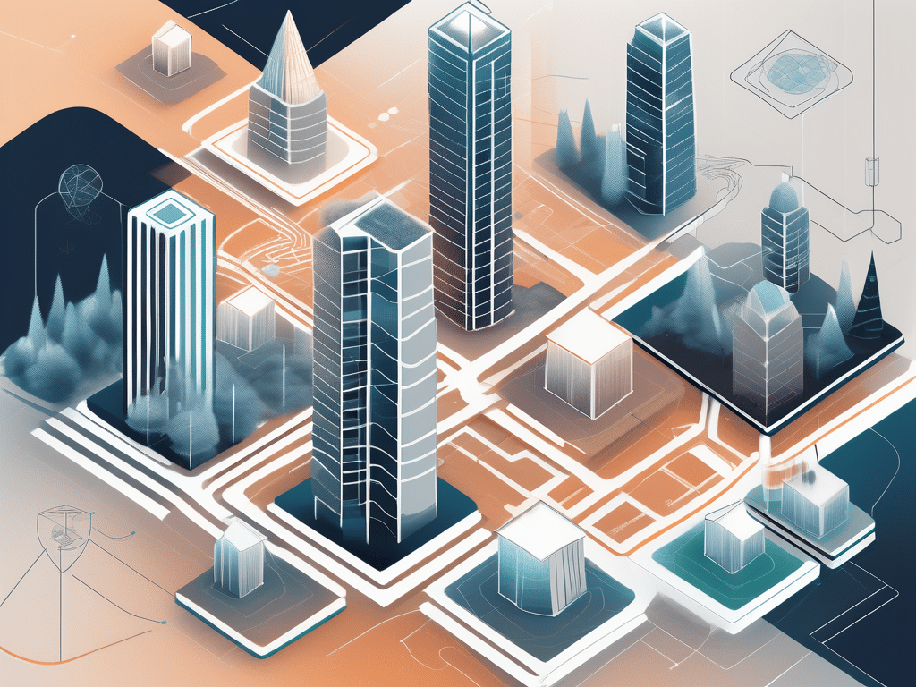 A digital landscape featuring various symbolic buildings representing different virtual ciso companies